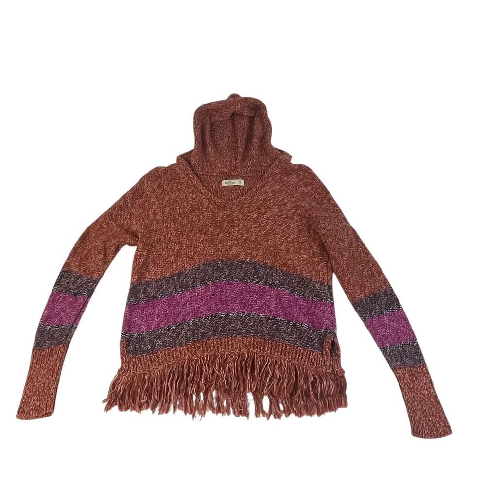 Hollister Fringe Hooded Sweater XS Marled Stripe Boho Cozy Fall Top
